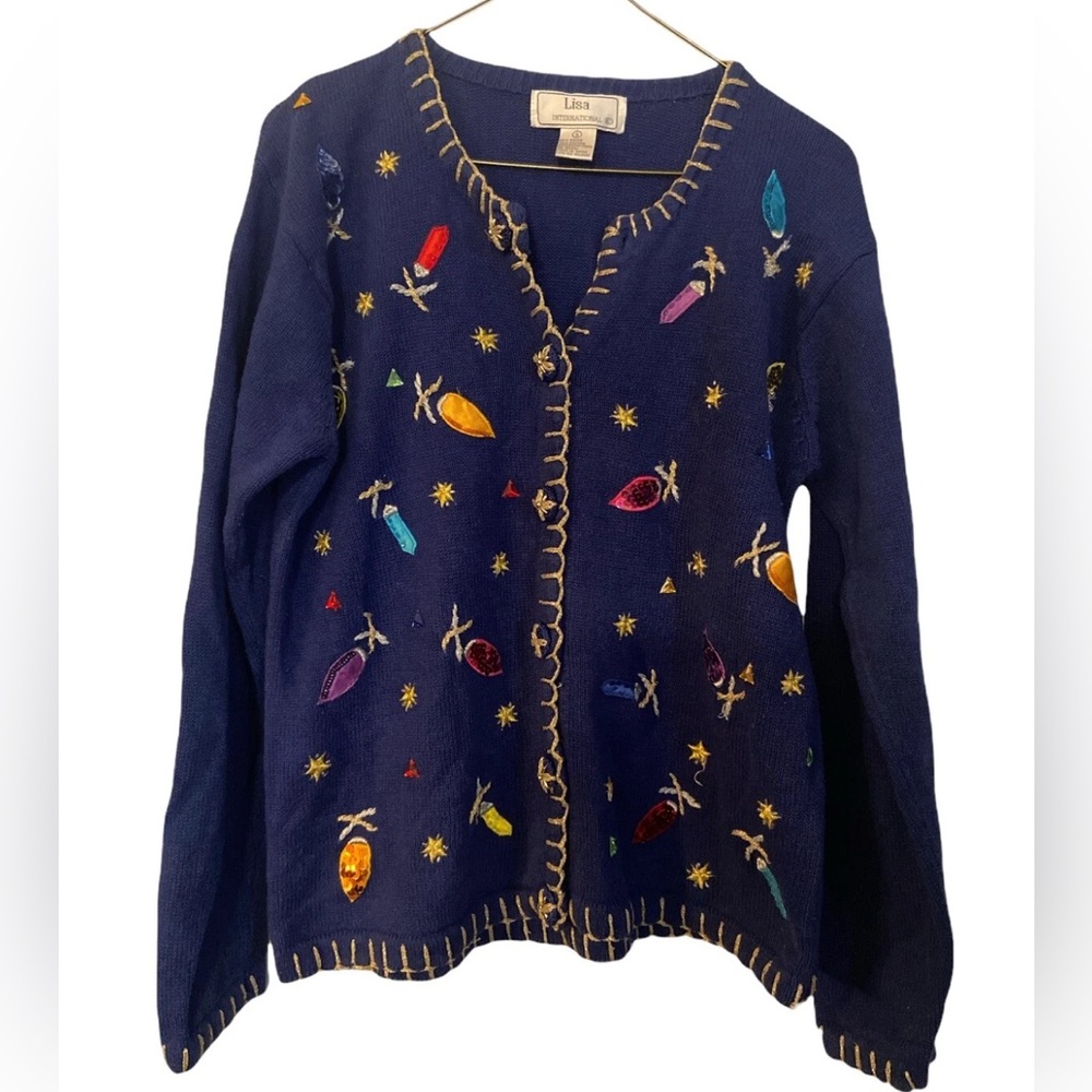Lisa International Women’s Size Small Ugly Christmas Sweater Blue Button Holiday